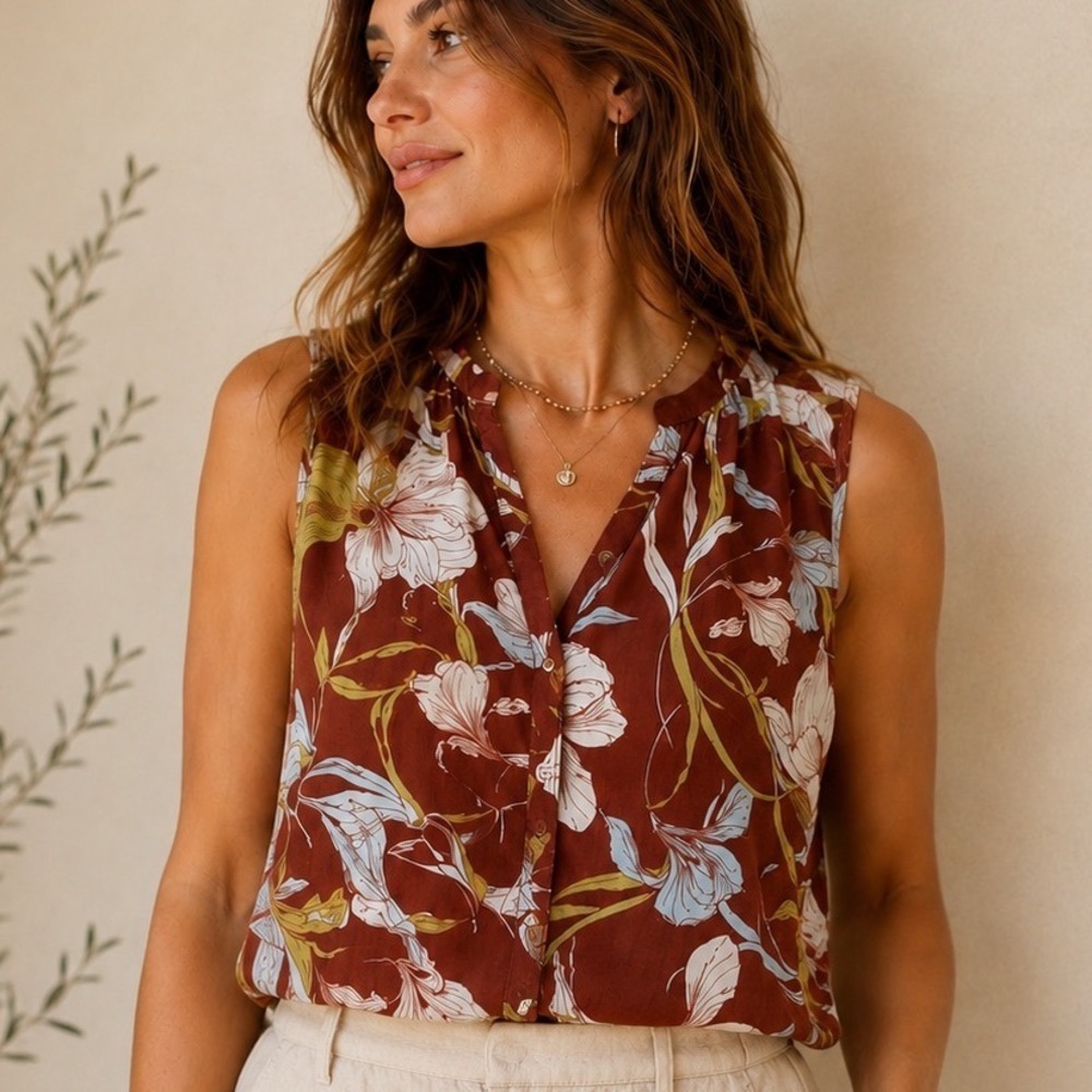 Cynthia Rowley Linen‎ Blend Floral Sleeveless Blouse XL High Low Boho Top
